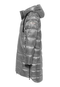 Langer Puffer-Mantel in Metallicgrau, mit Kapuze, gestepptem Design und Reißverschlusstaschen mit Zuglaschen. Wasserabweisendes Material.