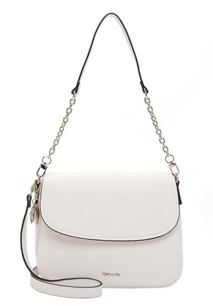 White leather shoulder bag with flap closure, silver chain and clasp straps, and small metal logo on front.