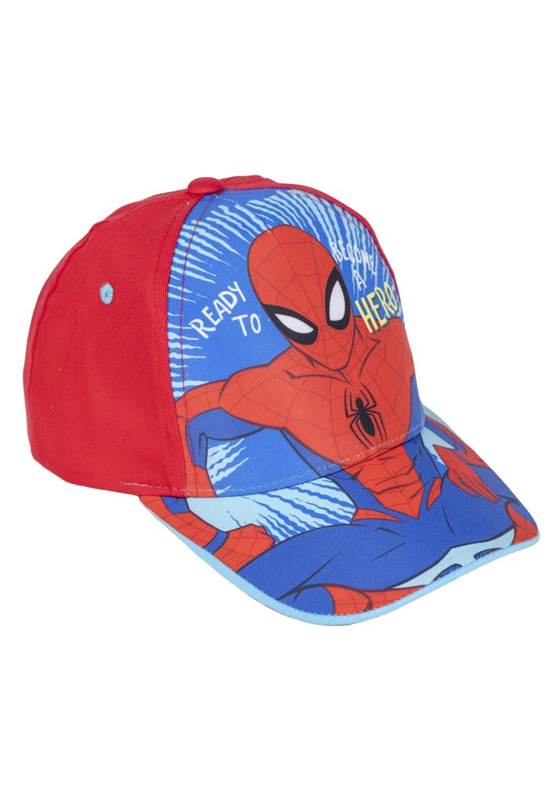Rode honkbalpet met een blauwe voorkant en een Spider-Man afbeelding, gedurfde tekst en een gestructureerde rand. Verstelbare achterkant.
