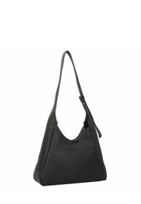 Sac à bandoulière en cuir noir au design décontracté, surface texturée et bandoulière réglable. Il présente une poche avant et une ouverture supérieure arrondie.