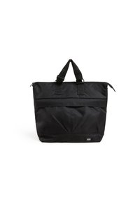 Svart nylon tote-väska med dragkedjestängning, dubbla korta handtag och en framficka med dragkedja. Har en subtil logotagg i det nedre vänstra hörnet.
