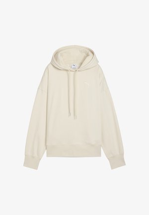 Cream hooded sweatshirt with a relaxed fit, drawstring, and ribbed hem. Features a small, tonal logo on the chest. Soft fabric texture.