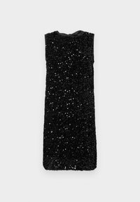 Abito nero senza maniche coperto di paillettes, con scollatura rotonda e nastro sul retro, taglio dritto senza hardware visibile.