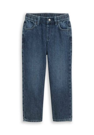 Dunkelblaue Jeanshose mit elastischem Bund, Frontknopf, Gürtelschlaufen und seitlichen Taschen, flach auf weißem Hintergrund gezeigt.