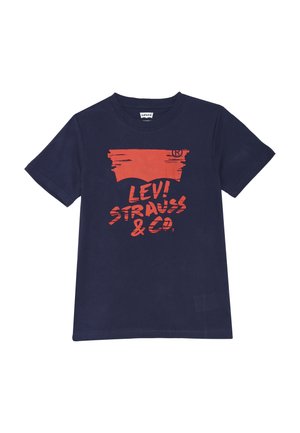 T-shirt in cotone blu navy con una grande stampa grafica rossa con la scritta "LEVI STRAUSS & CO." sulla parte anteriore. Design a maniche corte e collo rotondo.