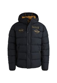 Giacca puffer blu navy con cappuccio, con interno dorato, diverse toppe, bottoni a pressione e tasche laterali con zip. Texture trapuntata.