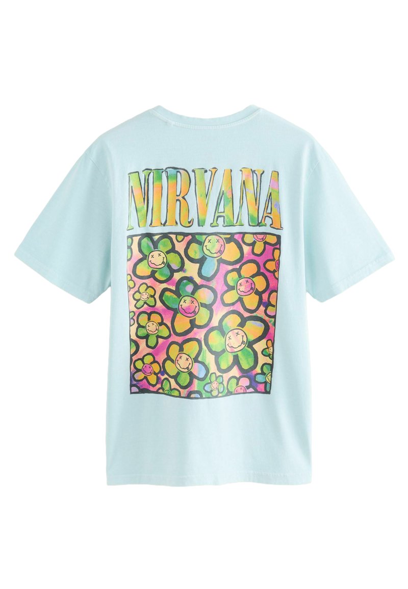 Hellblaue Baumwoll-T-Shirt mit dem Schriftzug "NIRVANA" in leuchtenden Farben und einem gemusterten Grafik von lächelnden Blumen mit ausdrucksvollen Gesichtern.