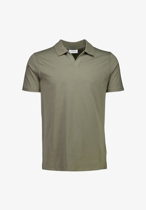 Kurzärmliges Poloshirt in Olivgrün, mit klassischem Kragen und V-Ausschnitt. Hergestellt aus weichem, glattem Stoff mit lockerem Schnitt.