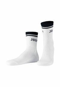 Hvide bomuldsstrømper med en ribbet marineblå kant, der har to marineblå striber og "JOOP!" logoet trykt på siden. Klassisk ankel længde design.