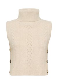 Beige adīts bezpiedurkņu turtlenecks tops ar teksturētu ševronu rakstu un zeltītām pogu detaļām kreisajā pusē.