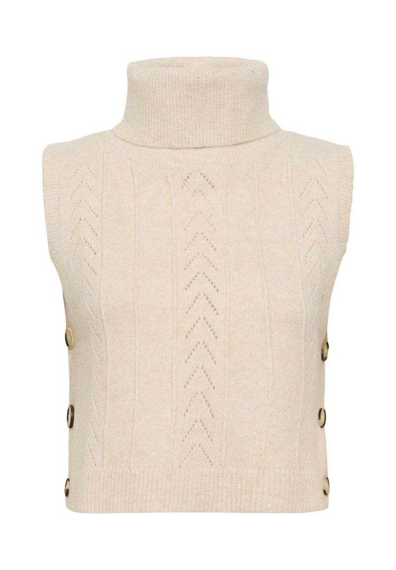 Hihaton beige neule-mallinen turtleneck-liivi, jossa on viistokuvioita ja sivunappiyksityiskohtia.