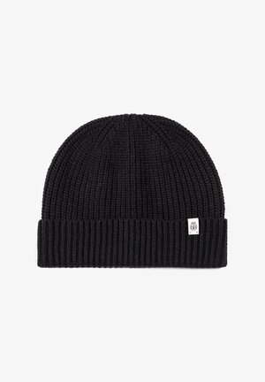 Black knitted beanie with a ribbed texture, folded brim, and a small white label featuring a logo on the side. Classic design, warm material.