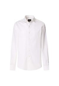 Camicia bianca a maniche lunghe in cotone. Caratterizzata da un colletto classico, una chiusura con bottoni e polsini singoli. Texture liscia con una finitura pulita e nitida.