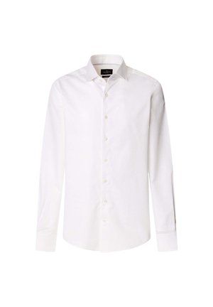 Weißes Langarmhemd aus Baumwolle. Verfügt über einen klassischen Kragen, eine Knopfleiste und einfache Manschetten. Glatte Textur mit einem sauberen, klaren Finish.