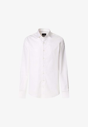 Biela košeľa s dlhým rukávom vyrobená z bavlny. Obsahuje klasický golier, zapínanie na gombíky a jednoducho zapnuté manžety. Hladučká textúra s čistým, ostrým vzhľadom.