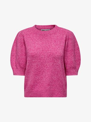 Vaaleanpunainen lyhythihainen neulepusero, jossa on liehukkeet hihansuuissa, resoroitu pyöreä pääntie ja resoroitu helma, valmistettu pehmeästä, teksturoidusta neulekankaasta.