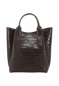 Sac fourre-tout marron foncé avec une texture crocodile, deux poignées arrondies et un large dessus légèrement ouvert.