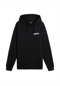 Juodas medvilninis džemperis su gaubtu ir priekiu kišene, reguliuojamu raišteliu gaubte, ant krūtinės spalvingas grafinis logotipas.