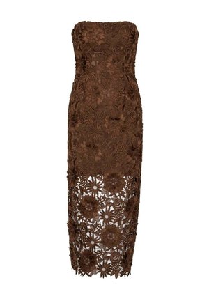 Abito midi marrone in pizzo senza spalline con motivi floreali e orlo semi-trasparente con disegni intricati di fiori e foglie.