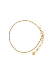 Bracciale placcato in oro con un design intrecciato, dotato di chiusura a moschettone e catena regolabile con un piccolo dettaglio a forma di targa rotonda.