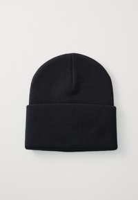 Black knit beanie with a folded cuff, made of soft, textured material; dome-shaped design with a rounded top and no visible logos or patterns.