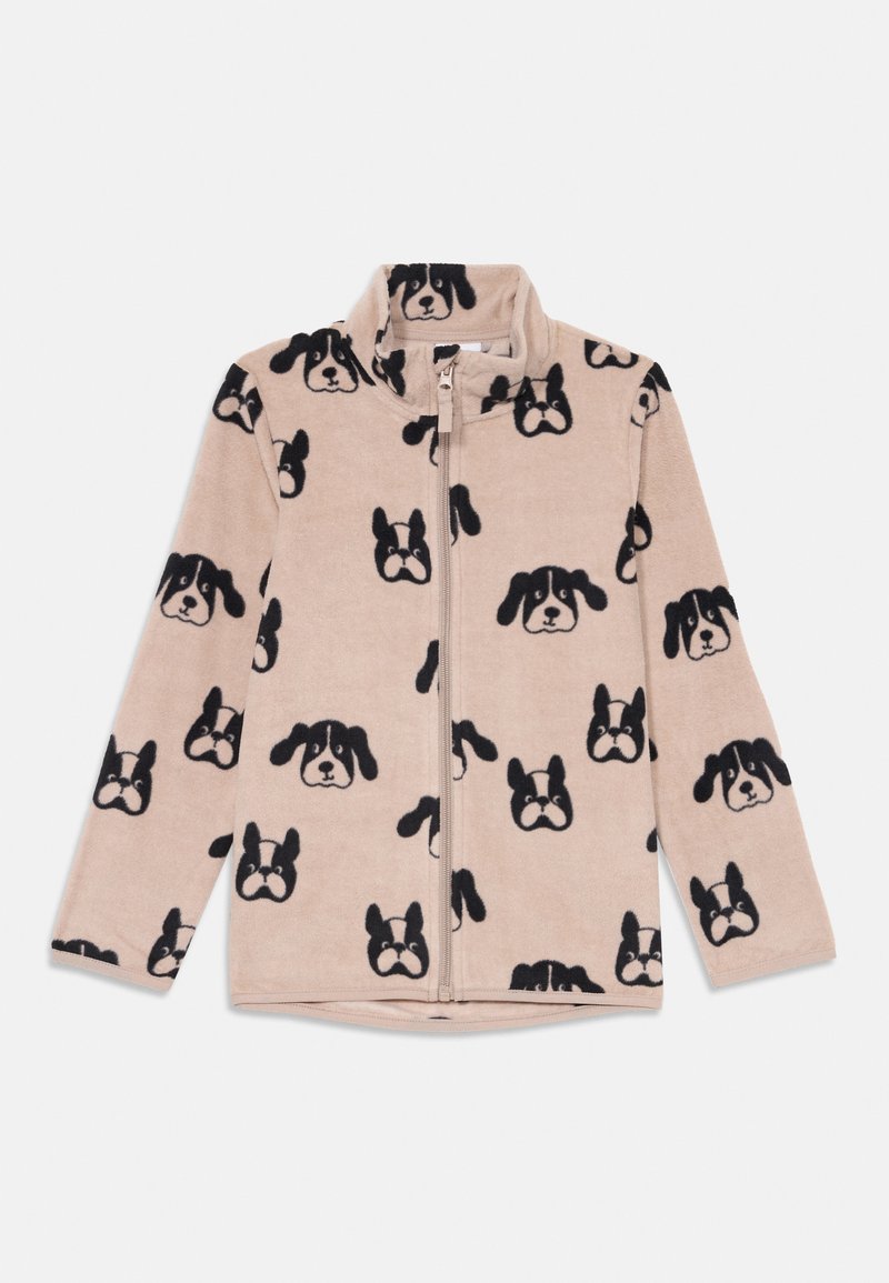 Veste en polaire beige clair avec des motifs de têtes de chien noirs, dotée d'un col haut et d'une fermeture éclair frontale complète pour un enfilage facile.