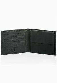 Portafoglio in pelle nera con finitura testurizzata, dotato di più scomparti per carte, design piegato e un compartimento anteriore sicuro con pattina.