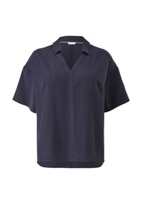Blouse bleu marine à manches courtes avec un col en V, col ouvert et coupe ample, présentée sur un fond blanc.