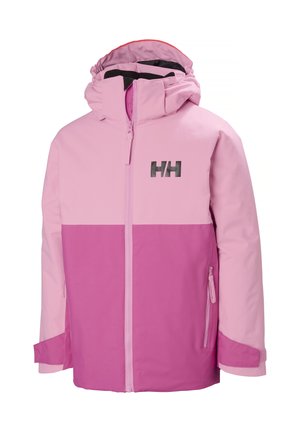 Chaqueta rosa con bloques de color, con un alto cuello, cremallera completa y capucha. Presenta un logo negro, bolsillos laterales con cremallera y puños ajustables.