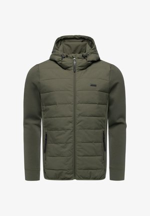 Olijfgroene jas met rits en gewatteerde voorkant, gladde stof, verstelbare capuchon en zwarte zijzakken met rits.