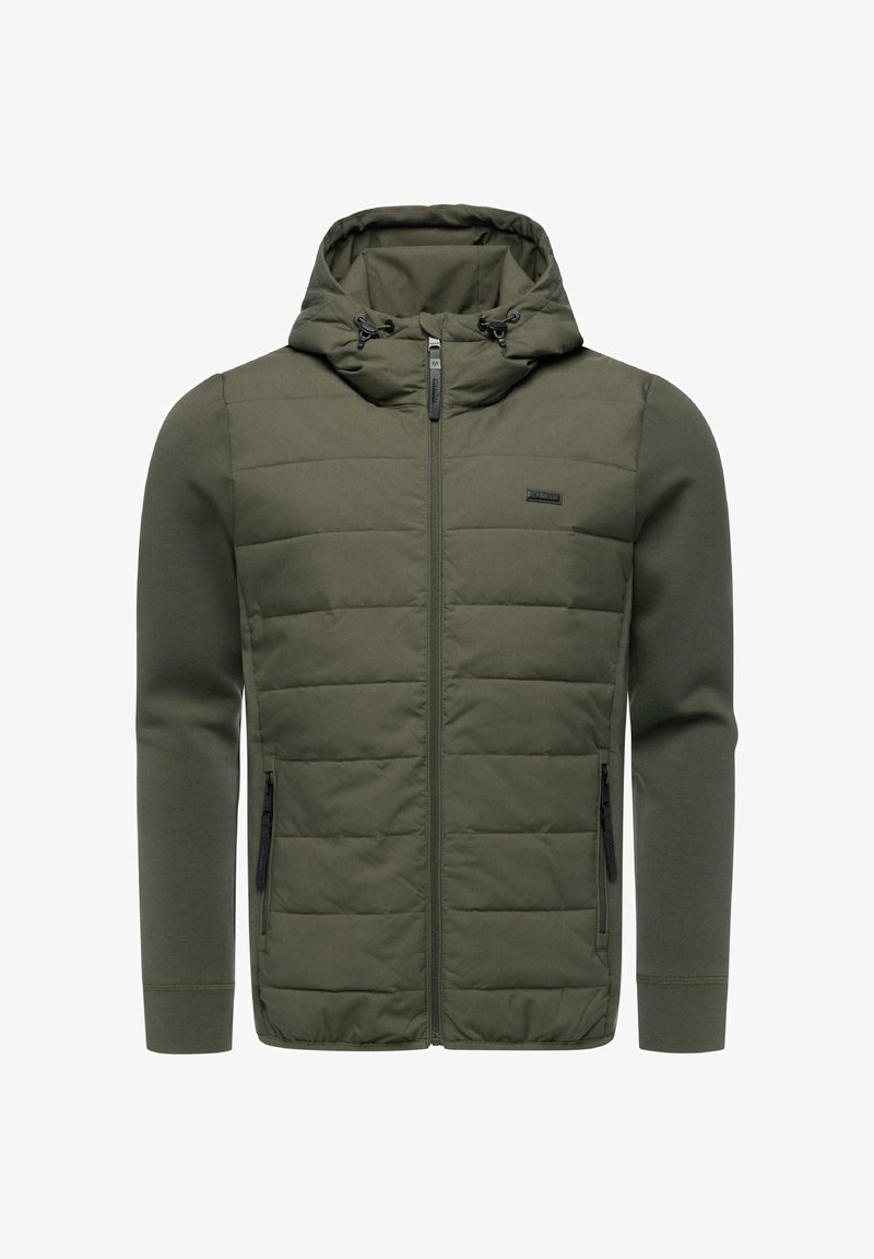 Oliivinvihreä vetoketjullinen takki, jossa on toppaettu etuosa, sileä kangas, säädettävä huppu ja mustat vetoketjulliset sivutaskut.