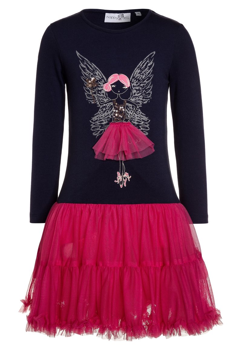 Das langärmlige Kleid hat ein navyfarbenes Oberteil mit einem Paillettenmuster und einen pinkfarbenen, geschichteten Tüllrock, der Textur und Farbkontast hinzufügt.