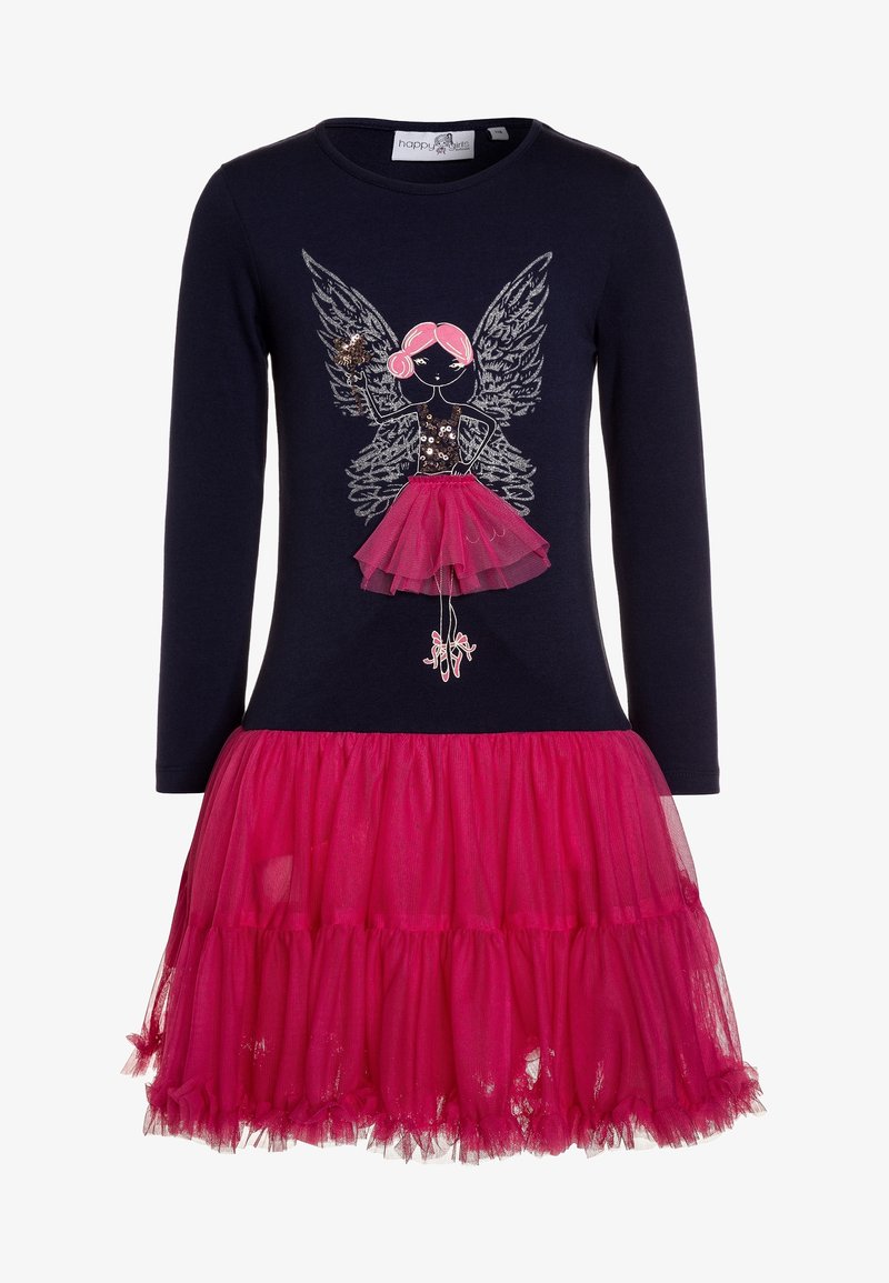 Long-sleeve dress features a navy top with a sequined design and a pink layered tulle skirt, adding texture and color contrast.