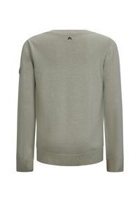 Hellgrüner Pullover mit langen Ärmeln, rundem Halsausschnitt, gerippten Bündchen und Saum. Mit kleinem Logo am Rücken nahe des Halses. Glatte Textur.