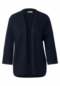 Tumma laivastonsininen rento neuletakki, jossa on avoin etuosa ja kolmen neljänneksen hihat. Valmistettu pehmeästä kankaasta, jossa on sileä pinta.