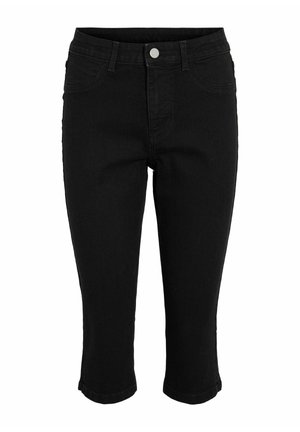 Svarta denim cropped jeans med fem fickor, bälteslottar och knäppning fram. Slät textur och design med avsmalnande ben.