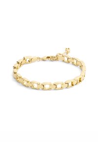 Bracciale in oro a catena con anelli rettangolari interconnessi e finitura liscia. Il gancio regolabile consente di personalizzare la misura.