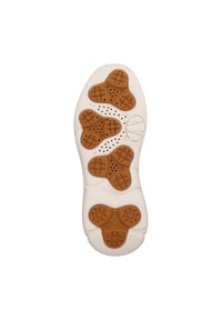 Suola della scarpa con una base bianca e sezioni in gomma marrone a forma di esagoni, dotata di fori di ventilazione e motivi testurizzati.