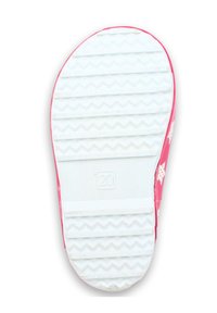 Roze rubberen zool met een textuur van witte loopvlak met zigzagpatronen en een gestempeld maatlabel "20." Soepele en flexibele randen.