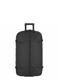 Sac de sport à roulettes noir en tissu durable, avec une poignée télescopique, des fermetures éclair et des sangles latérales pour une fermeture sécurisée.