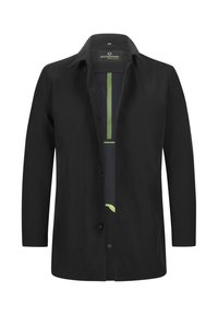 Schwarze Jacke aus glattem Stoff mit spitzem Kragen, Knopfverschluss und kontrastierenden grünen Akzenten im Inneren. Lange Ärmel und lockerer Schnitt.