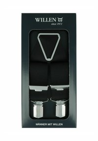 Schwarze elastische Hosenträger mit zwei silbernen Clips und einem dreieckigen Verbindungsstück. Verpackt in einem dunklen Karton mit dem Text „MÄNNER MIT WILLEN.“