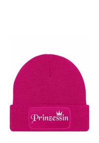 Pink knitted beanie featuring a folded cuff and a rectangular label with the word "Prinzessin" and a crown graphic in white.
