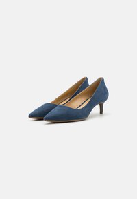 Blue suede pointed-toe pumps with a medium heel. Features a smooth texture and a simple design, contrasting beige interior lining.