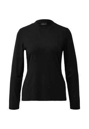 Black long-sleeve shirt made of smooth fabric, features subtle raised accents on the front, rounded neckline, and fitted sleeves.