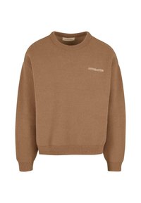 Hnědý pletený svetr s kulatým výstřihem, žebrovanými manžetami a lemem a malým bílým logem "ANOTHER COTTON" na přední straně.