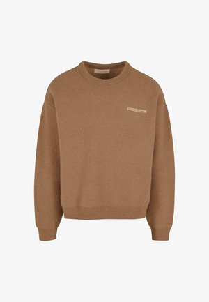 Bruine gebreide trui met een ronde halslijn, geribde mouwen en onderrand, en een klein wit logo "ANOTHER COTTON" op de voorkant.