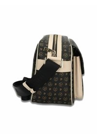 Borsa nera e beige con motivo logo, chiusura con zip e tracolla regolabile. Texture in pelle liscia con dettagli in metallo argentato.