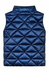 Marineblau gesteppte Weste mit hohem Kragen, die eine glänzende, glatte Textur und rautenförmige Steppnähte auf der Oberfläche aufweist.