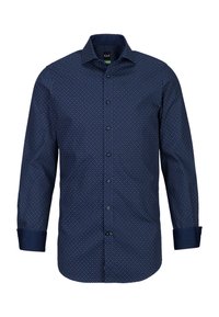 Camicia da uomo a maniche lunghe blu navy con un piccolo motivo a rombi bianchi, chiusura con bottoni e polsini e rifiniture del colletto in blu navy solido.